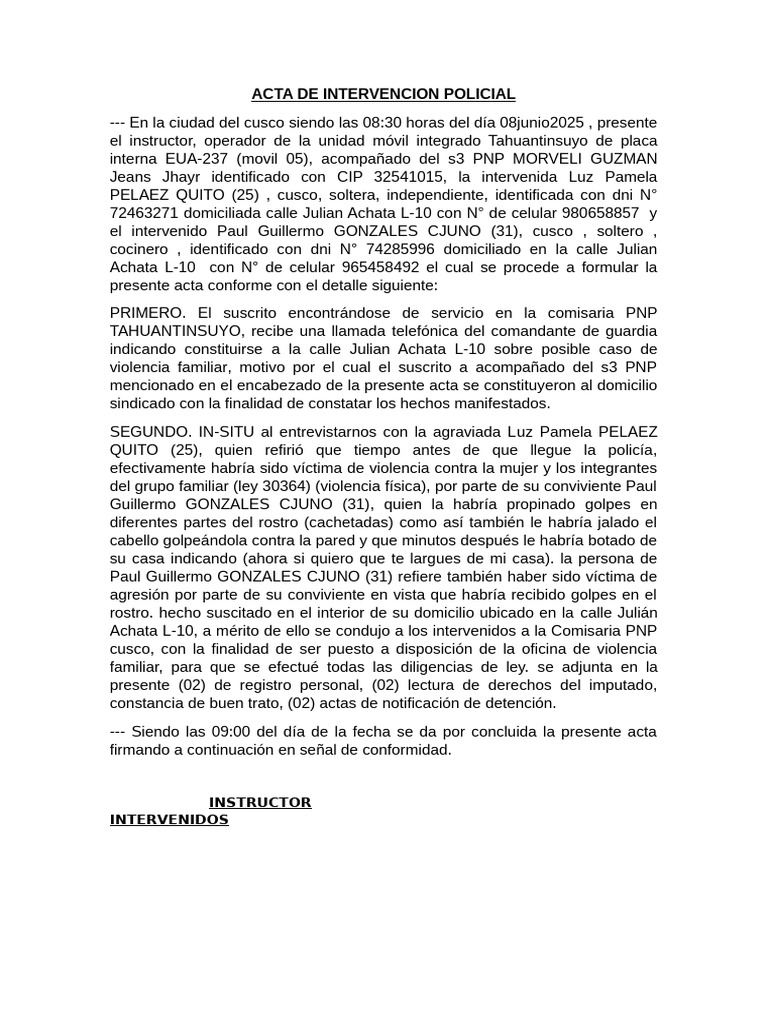 Acta de Intervención por Violencia Familiar | PDF | Violencia | Crímenes
