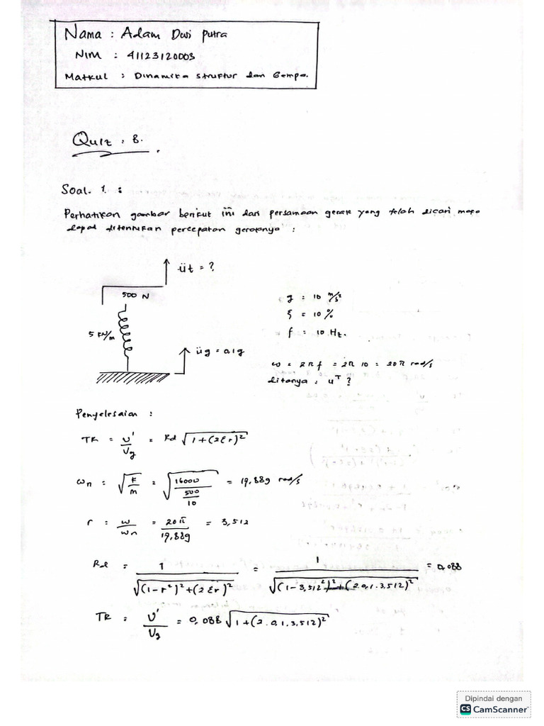Adam Dwi Putra 41123120003 Quiz 8 Dimanika Struktur Gempa PDF