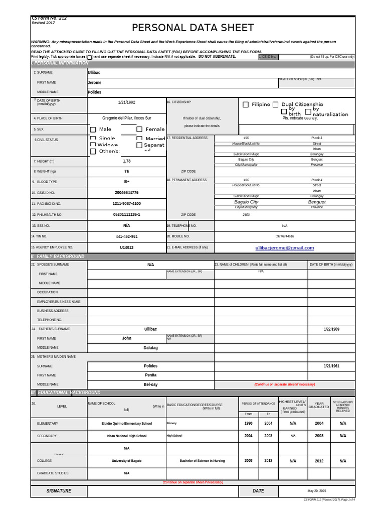 Personal Data Sheet (PDS) Template | PDF | Justice | Crime & Violence