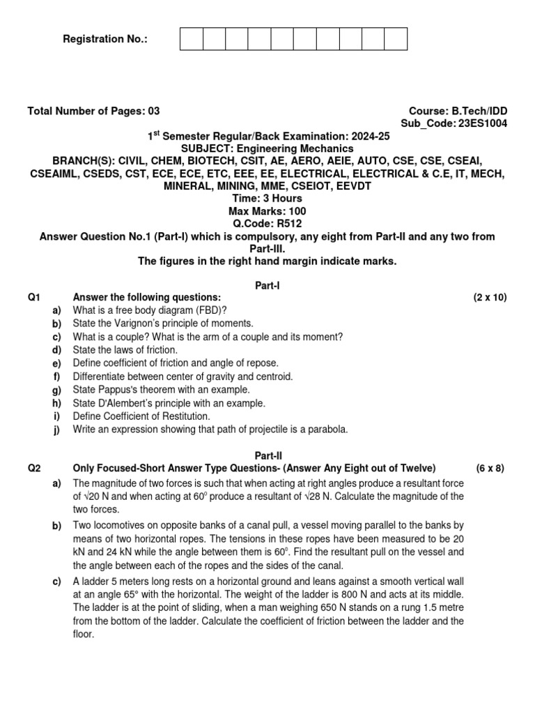Engineering Mechanics Exam Paper 2024-25 | PDF | Force | Quantity