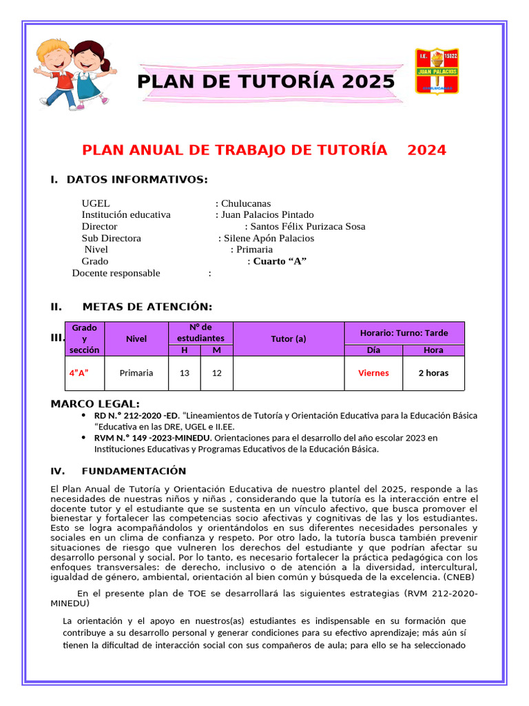Plan de Tutoría 2025: Cuarto Grado A | PDF | Salón de clases | Aprendizaje