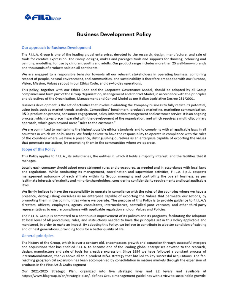 Fila Group Business Development Policy | PDF | Marketing | Mergers And ...