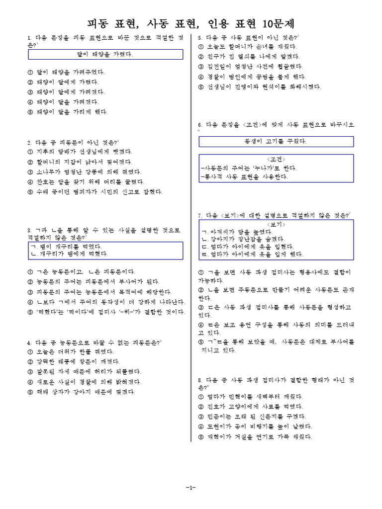 피동 표현, 사동 표현, 인용 표현 10문제 | PDF