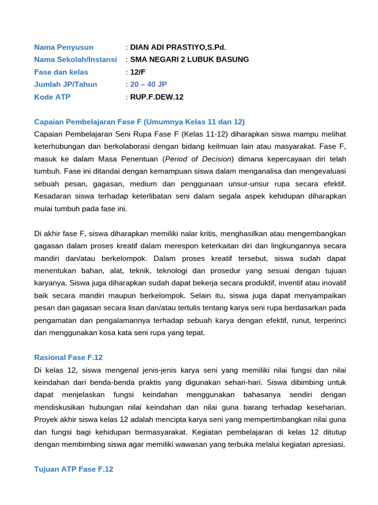 Capaian Pembelajaran Seni Rupa Kelas 12 | PDF