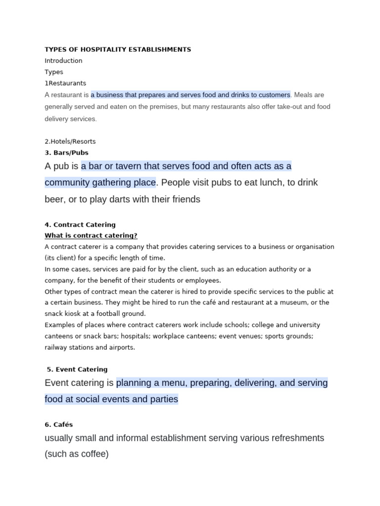 Types of Hospitality Establishments | PDF