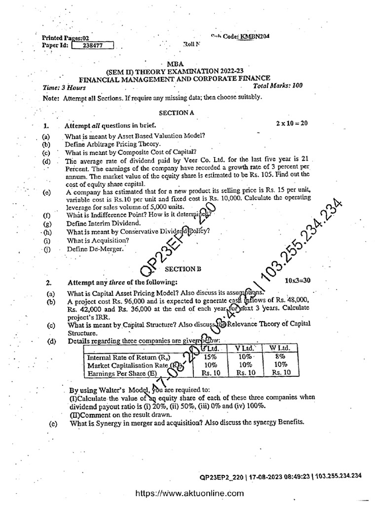 Mba 2 Sem Financial Management and Corporate Finance Kmbn204 Aug 2023 | PDF