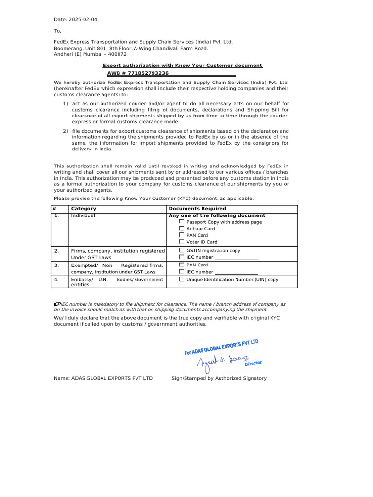 FedEx Export Authorization & KYC Document | PDF | Identity Document ...
