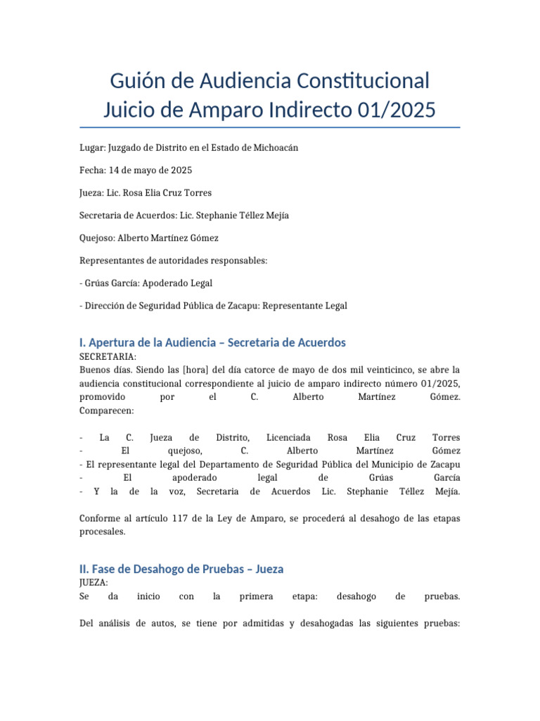 Guion Audiencia Amparo | PDF | Justicia | Crimen y violencia