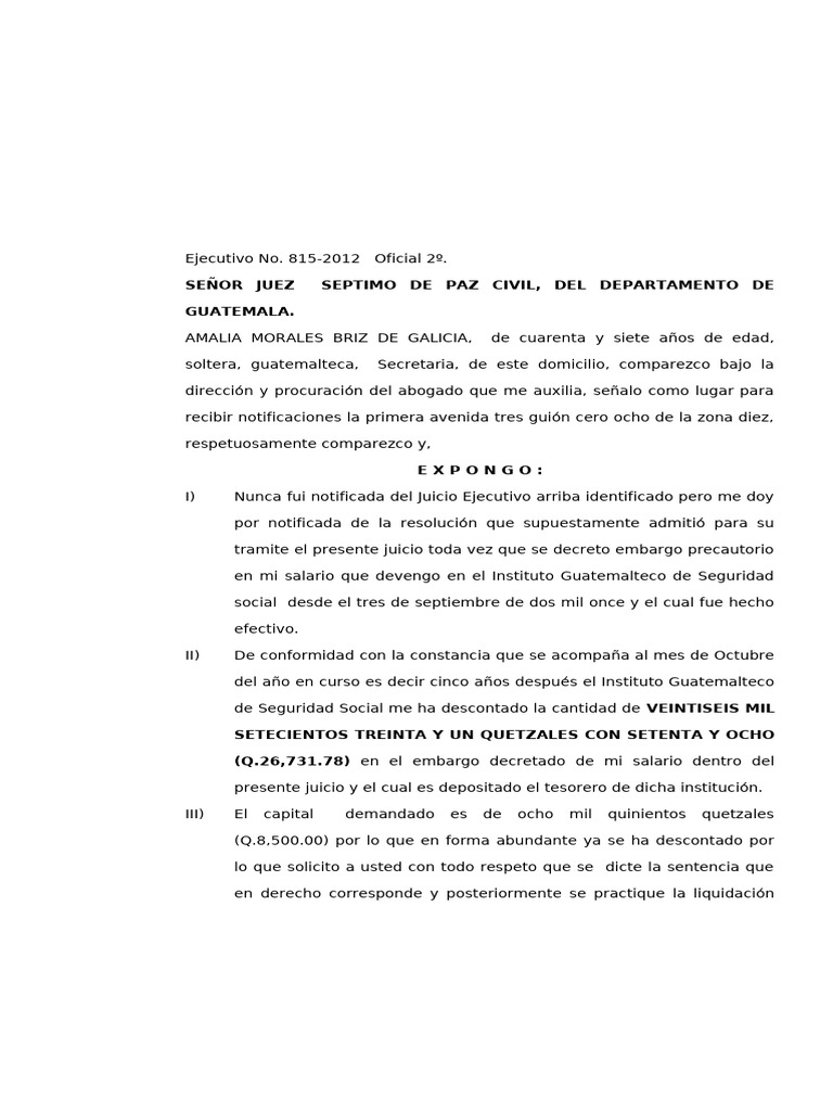 Devolución de embargo salarial sobrante | PDF | Guatemala | Justicia