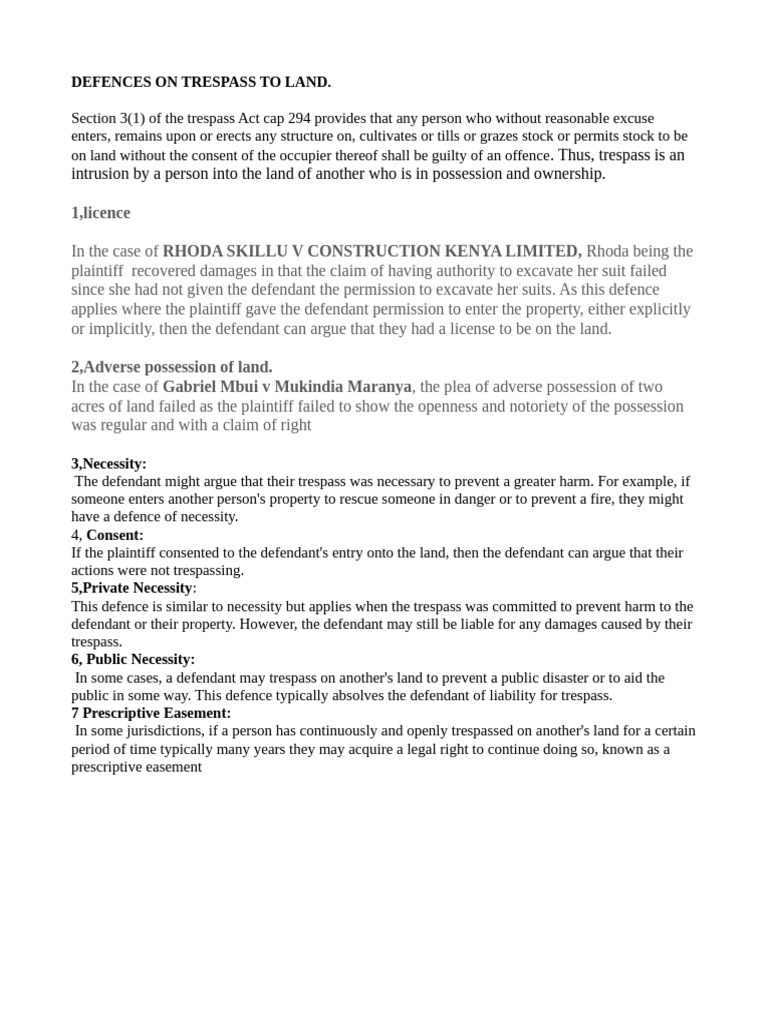 Defenses Against Trespass to Land | PDF