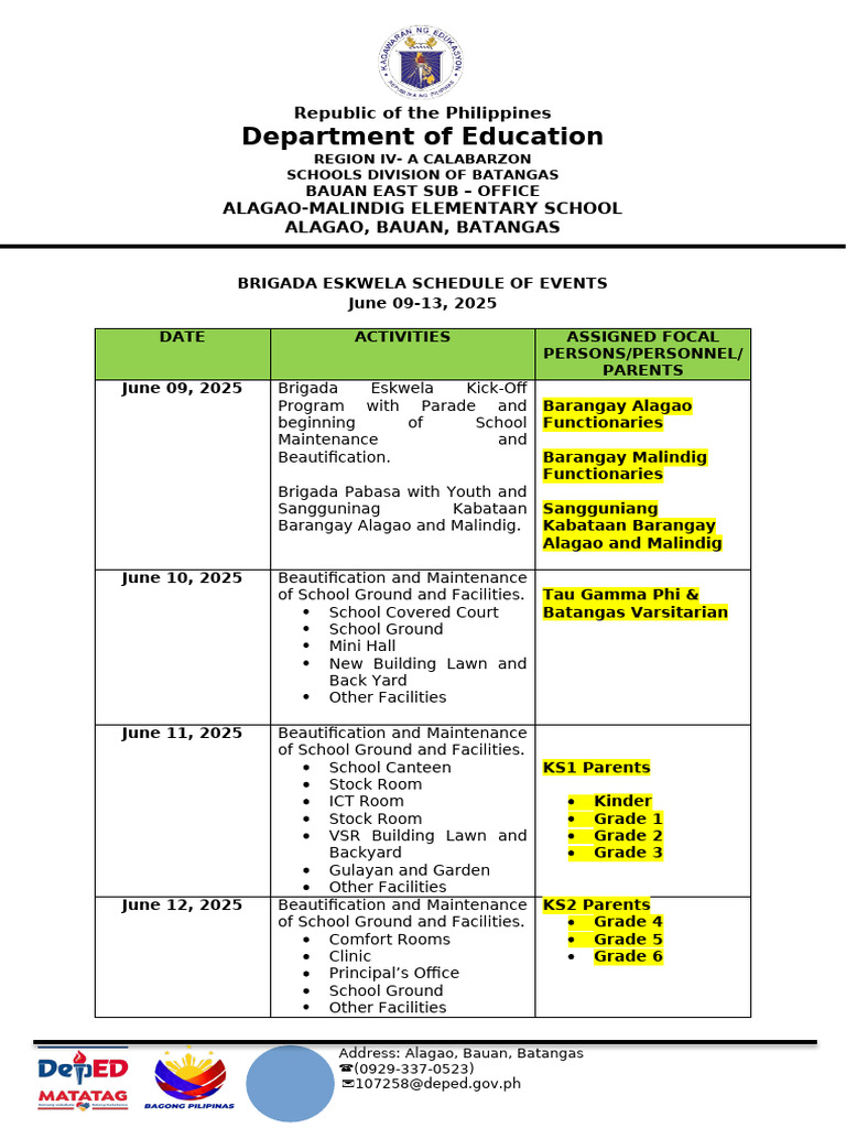 Brigada Eskwela 2025 Schedule | PDF | Philippines