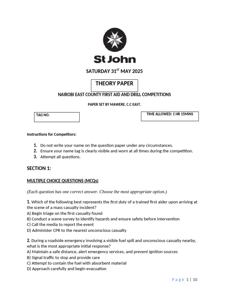 First Aid Theory Paper for Nairobi Competition | PDF | Cardiopulmonary ...