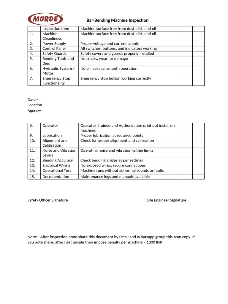 Bar Bending Machine Inspection Checklist | PDF