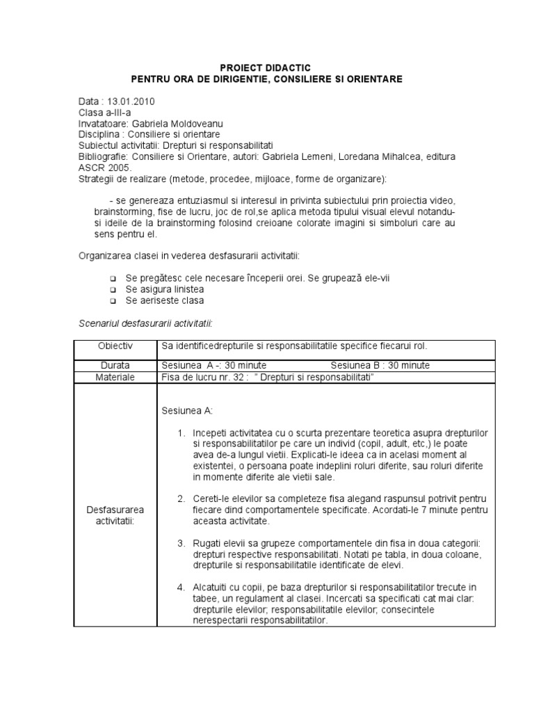 Proiect Didactic Dirigentie Consiliere Si Orientare