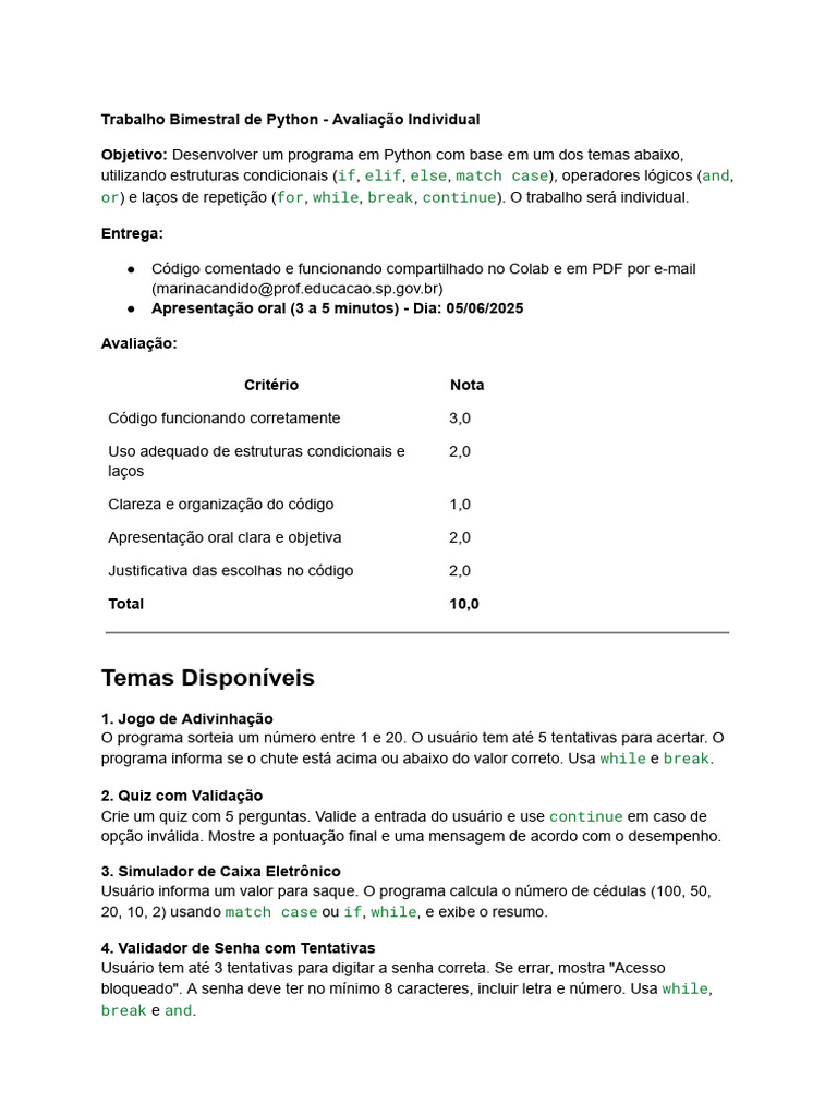 Avaliação de Programação em Python | PDF | Python (linguagem de ...