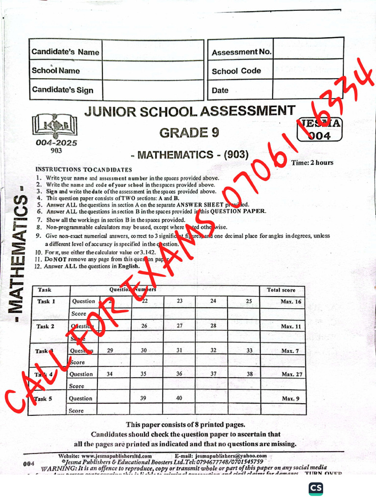 Jesma 004 Maths Grade 9 | PDF