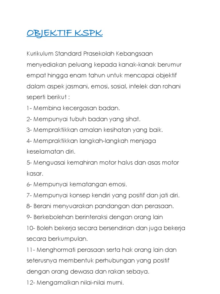 Objektif Kurikulum Prasekolah KSPK | PDF | Karier & Perkembangan ...
