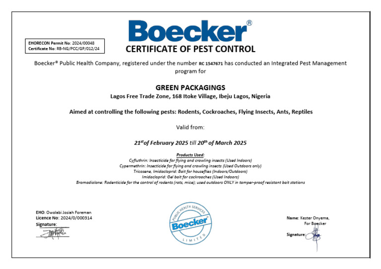 Certificate of Pest Control For Green Packaging 25 | PDF