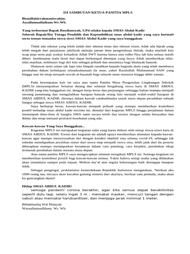 Sambutan Ketua Panitia MPLS SMA | PDF