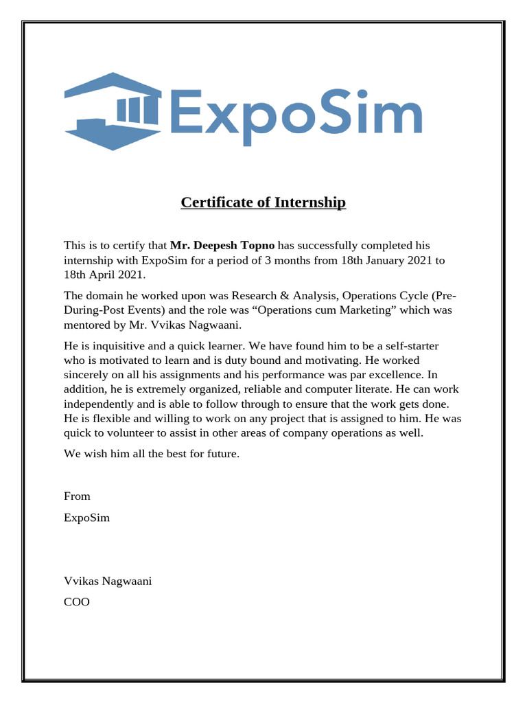 Internship Certificate for Deepesh Topno | PDF