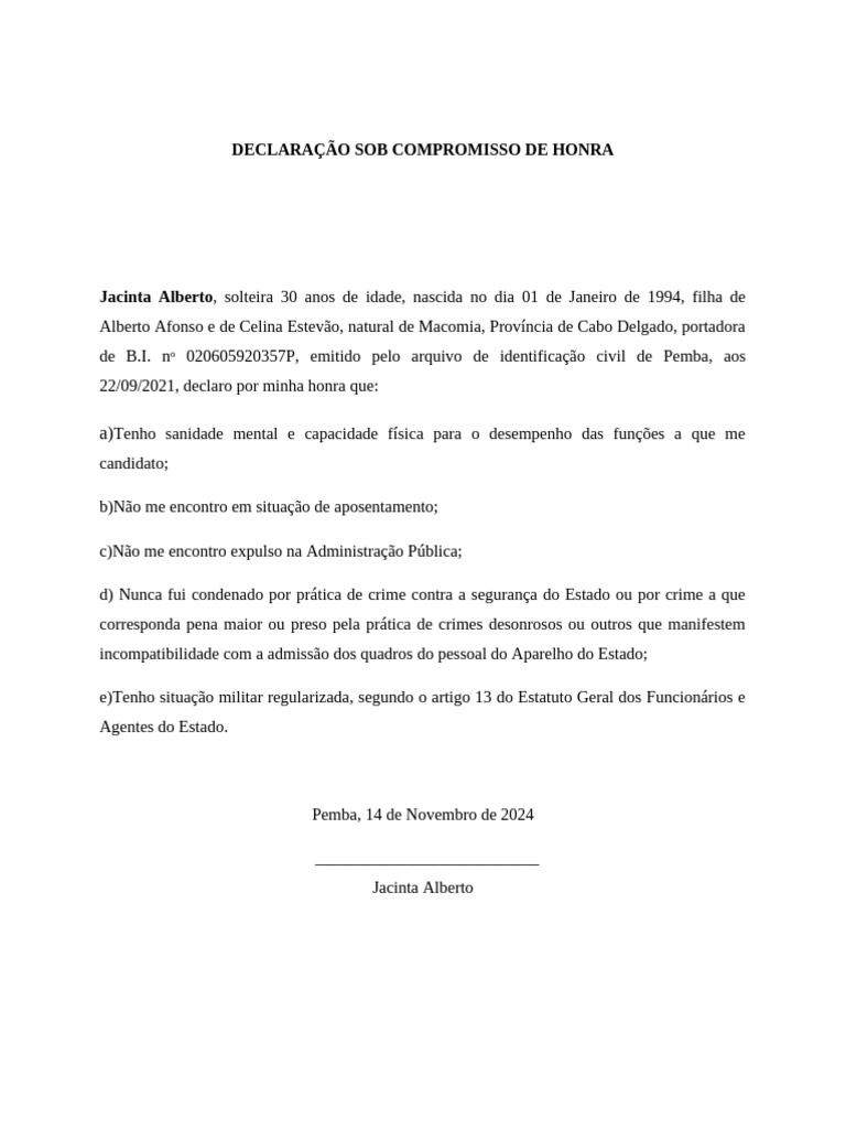 Declaração de Compromisso de Honra | PDF