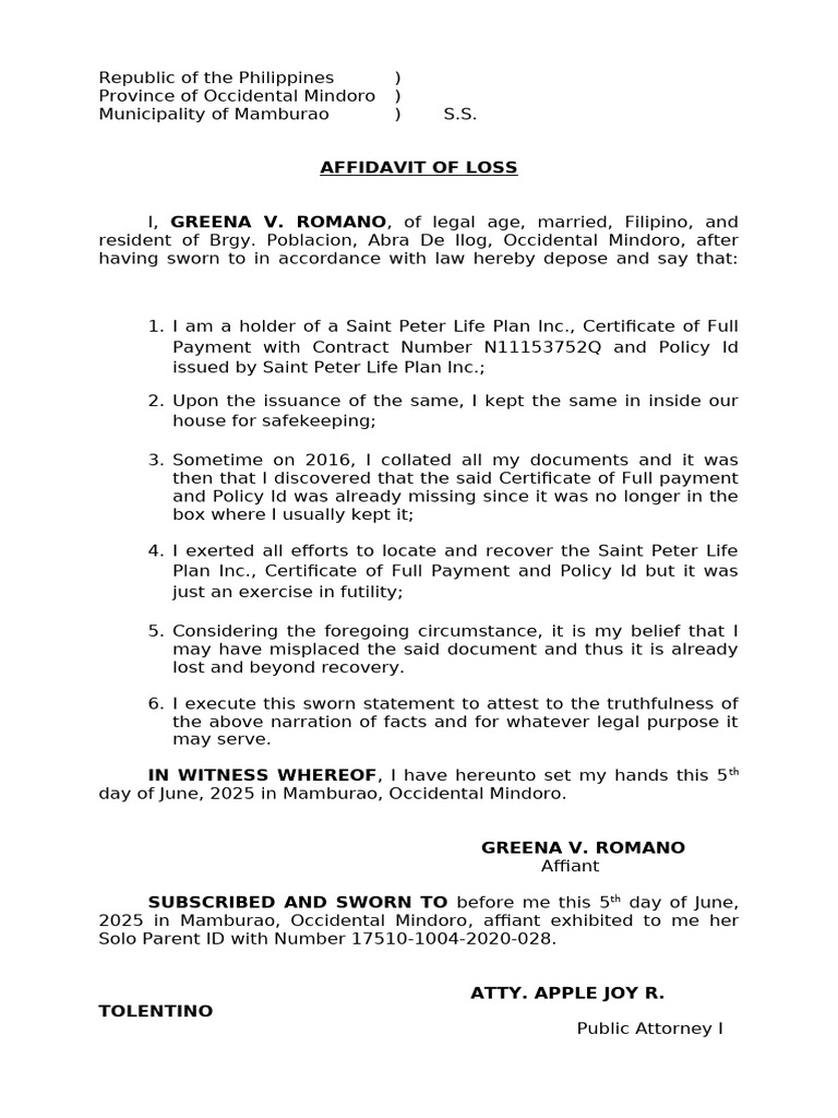 Affidavit of Loss St. Peter Life Plan - Diamante and Decalao | PDF ...