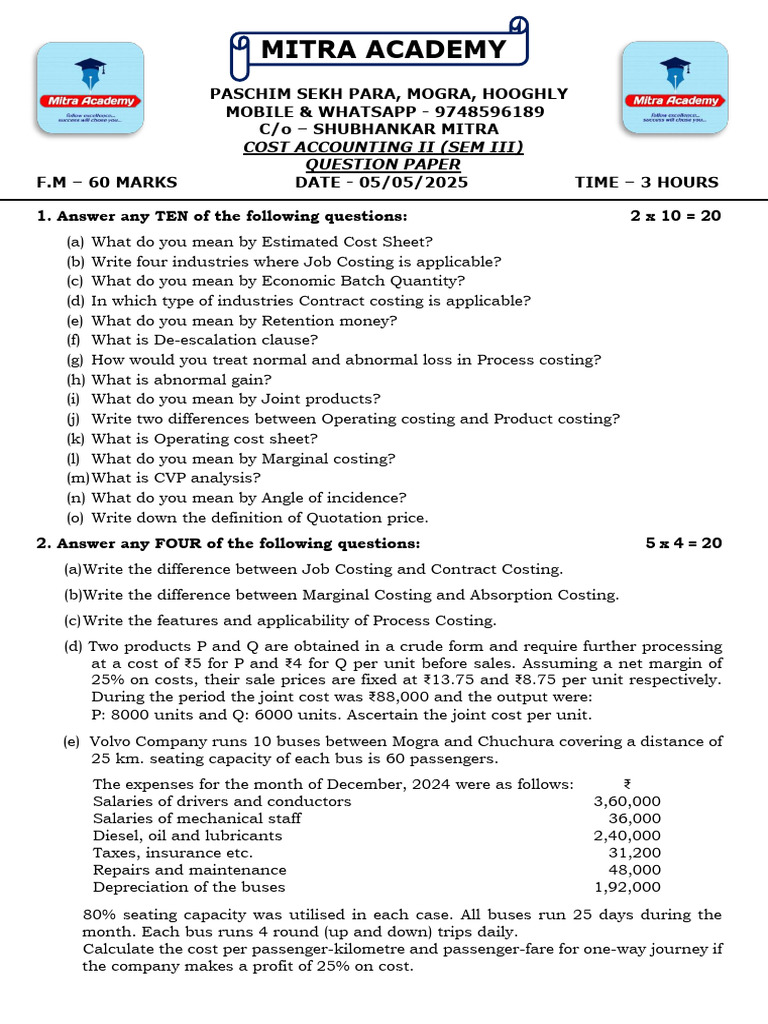 Costing II Sem III 2025 Q | PDF | Financial Accounting | Economies