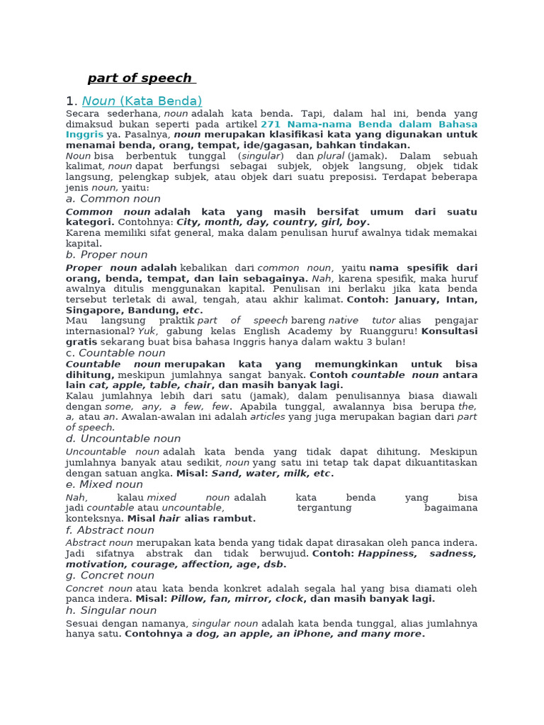 Jenis-Jenis Part of Speech dalam Bahasa Inggris | PDF