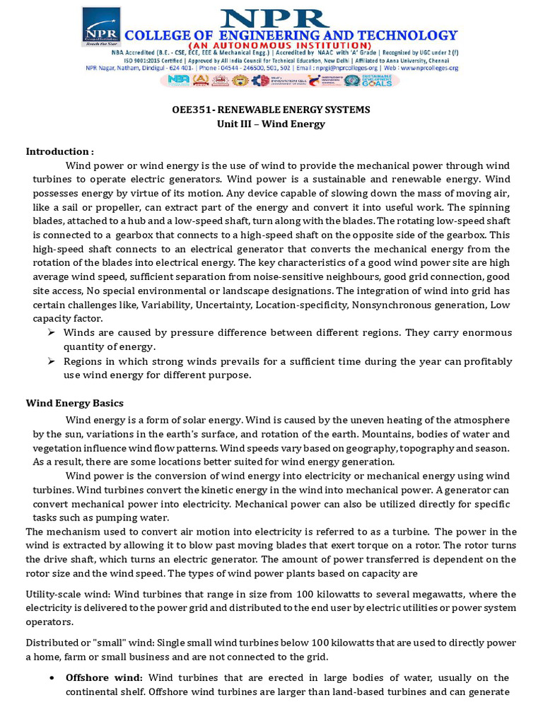 Wind Energy Systems Overview | PDF | Wind Turbine | Wind Power