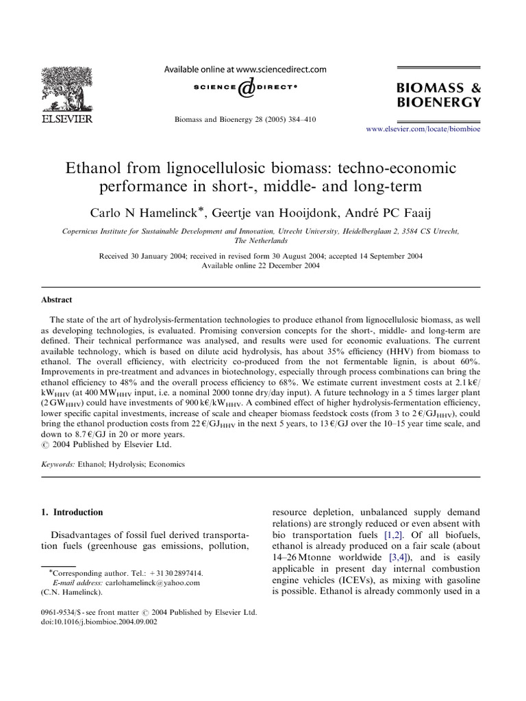 2005 Ethanol From Lignocellulosic Biomass Techno Economic Performance ...