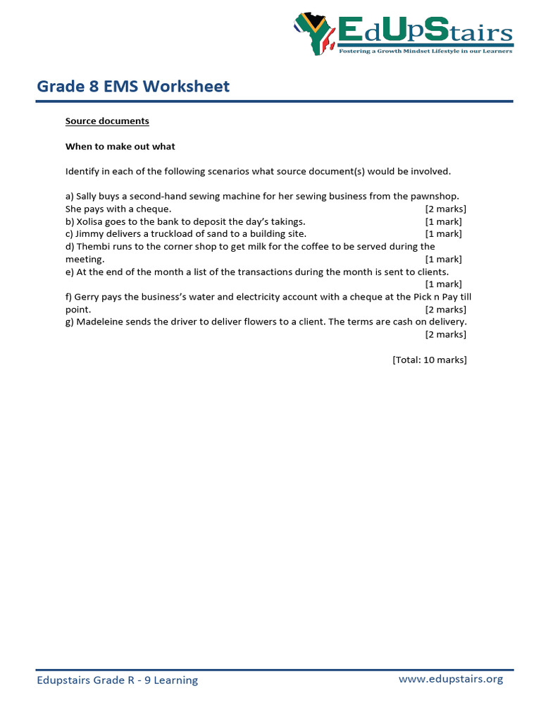 Grade 8 EMS Source Documents Worksheet | PDF