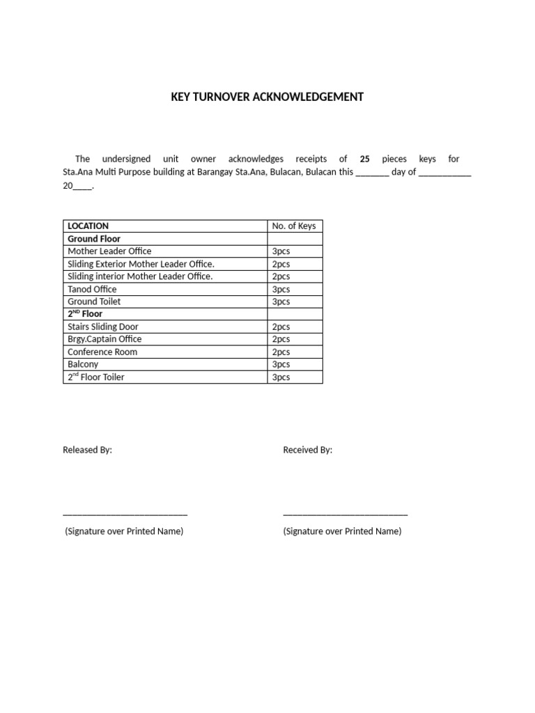 Key Acknowledgment for Unit Owners | PDF