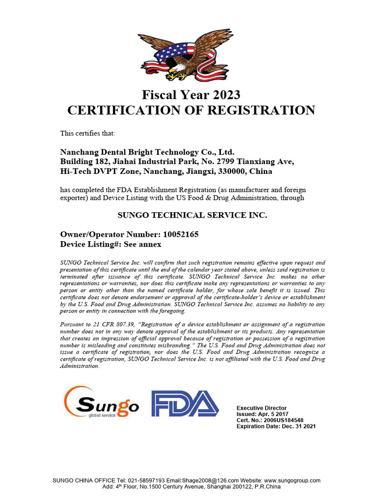 FDA Registration Certification for Dental Devices | PDF | Food And Drug ...