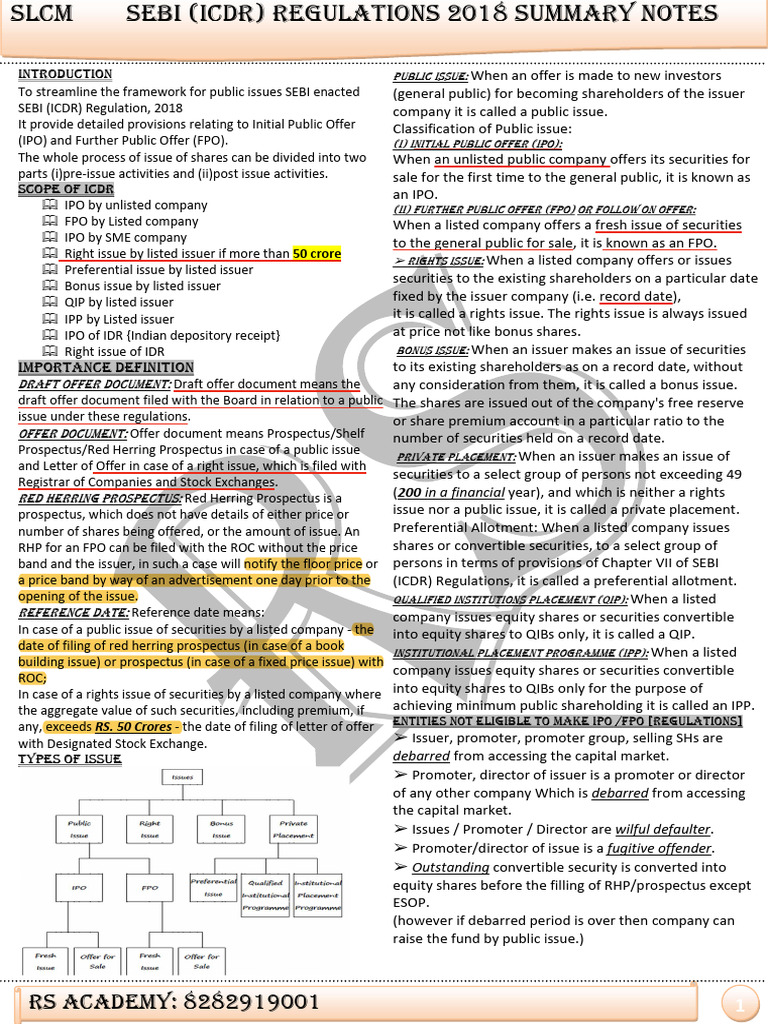 SEBI ICDR Regulations 2018 Overview | PDF | Securities (Finance ...