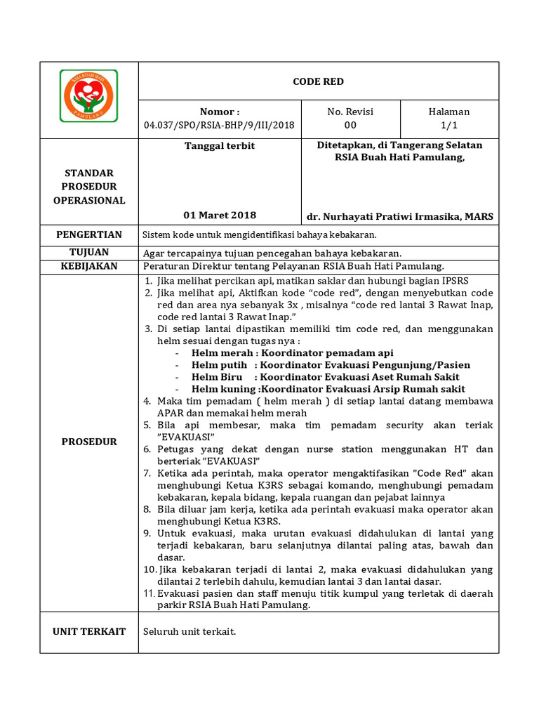 Prosedur Kode Red Kebakaran Rumah Sakit | PDF