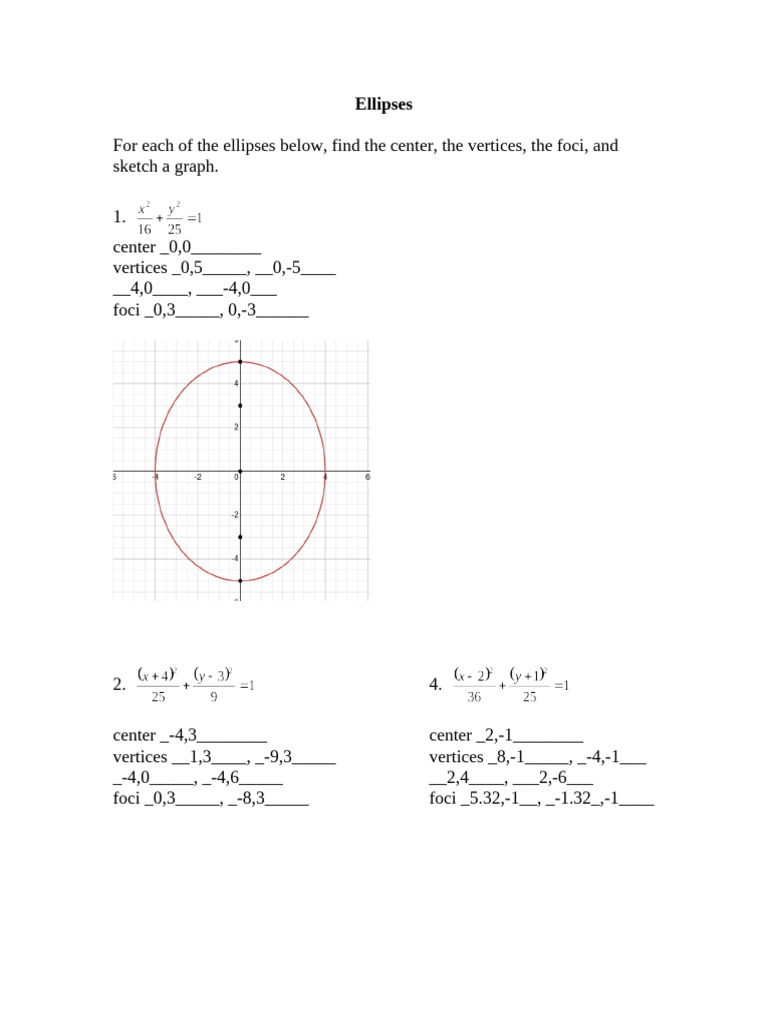 Ellipse Center, Vertices, and Foci Guide | PDF