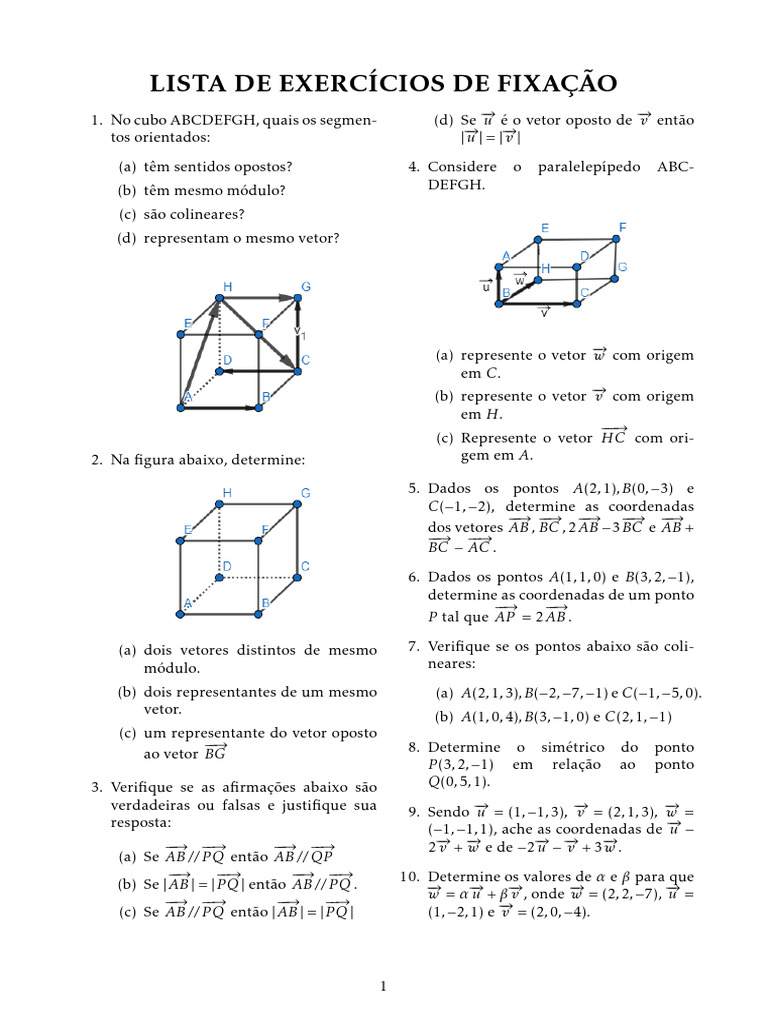 Exercícios de Vetores e Geometria Analítica | PDF | Vetor euclidiano ...