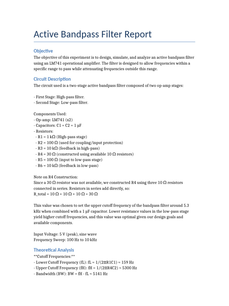 Active Bandpass Filter Design Report | PDF | Low Pass Filter ...