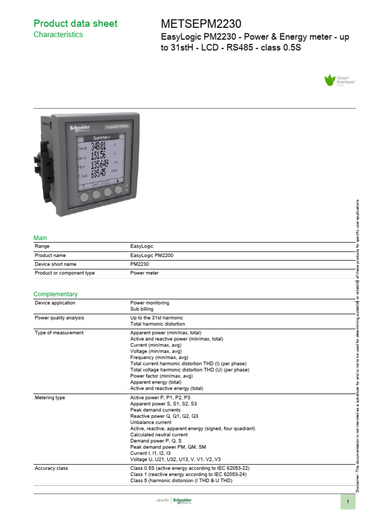 METSEPM2230 Power Meter Datasheet | PDF | Alternating Current | Ac Power