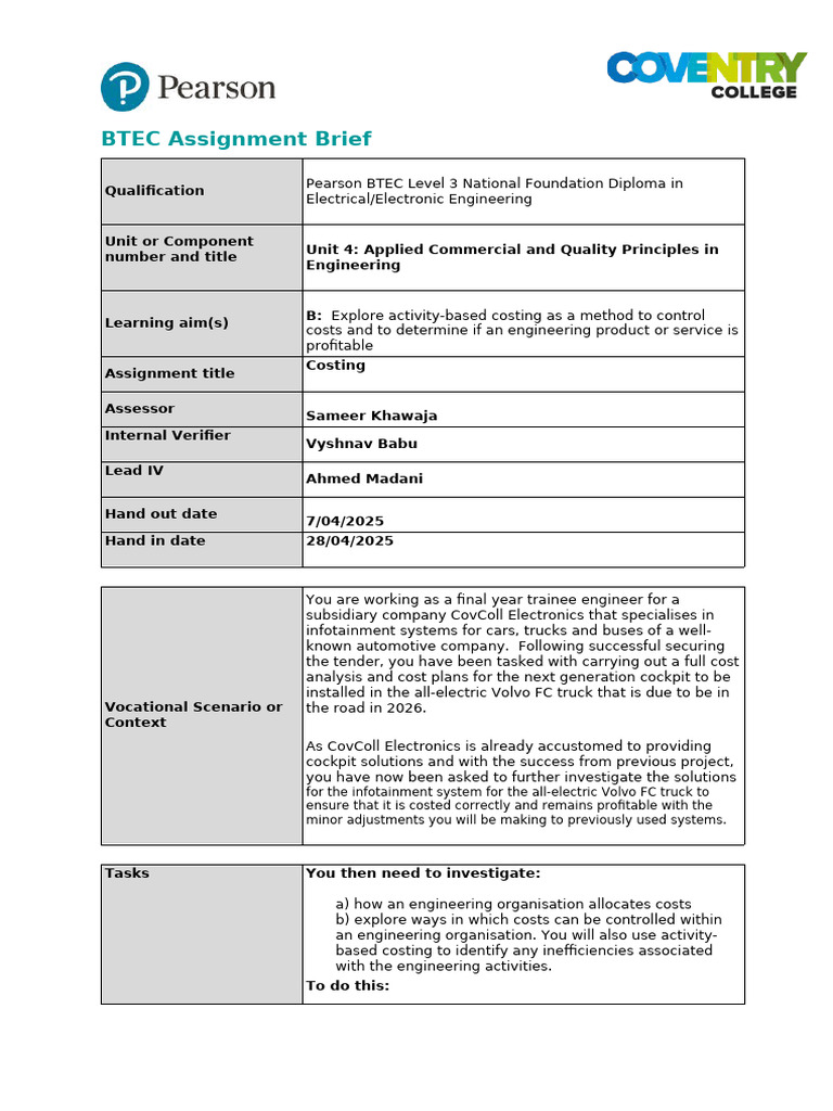 BTEC Assignment 2 Costing-1 | PDF | Business | Business Economics
