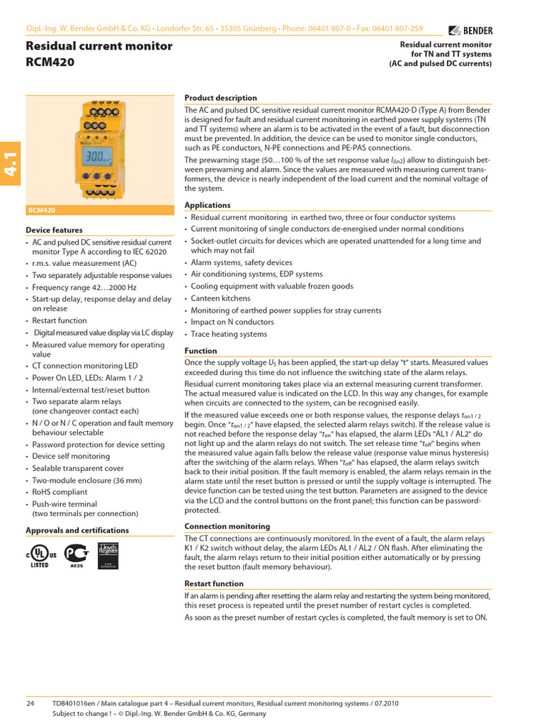 RCM420 Residual Current Monitor Overview | PDF | Relay | Alternating ...