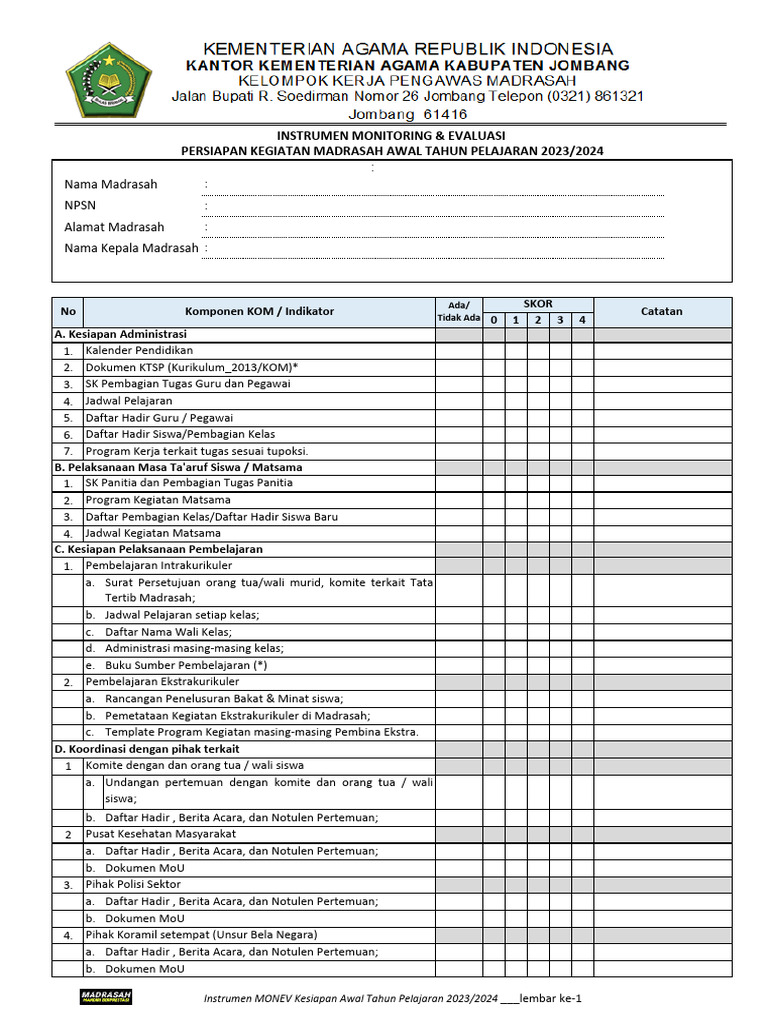 MONEV Kesiapan Madrasah 2023/2024 | PDF