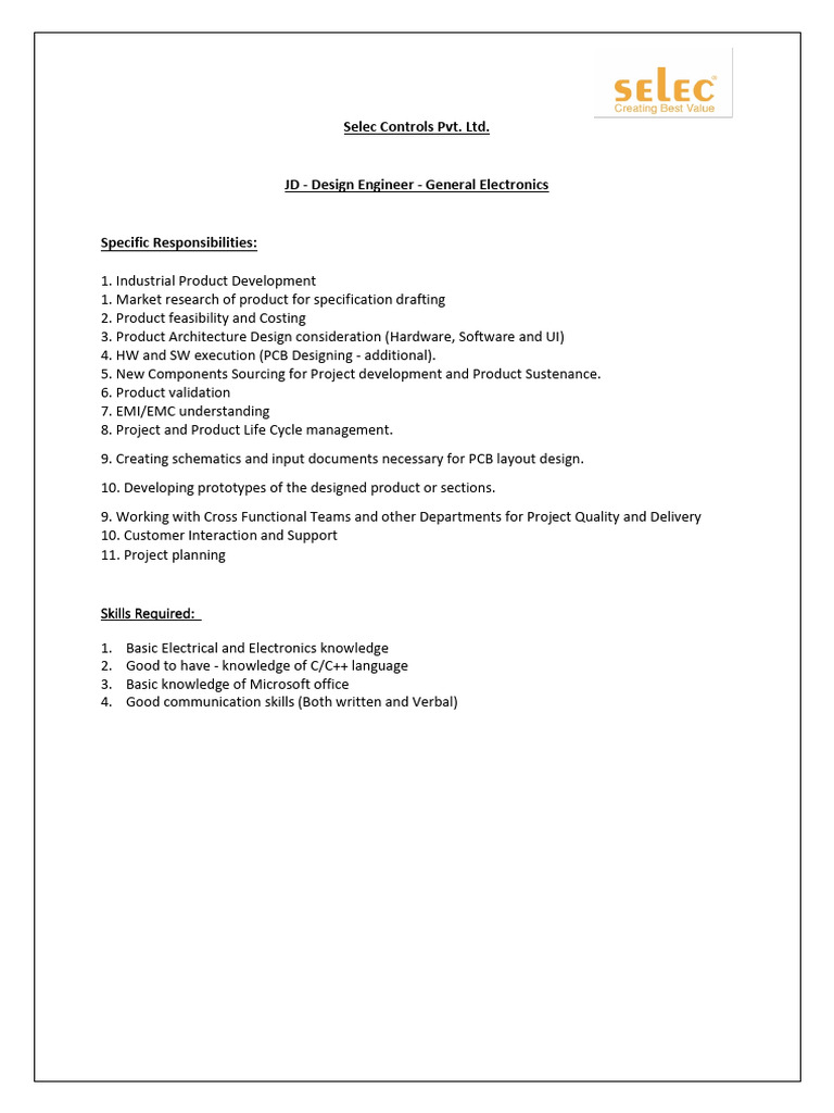 Design Engineer Job Description - Electronics | PDF