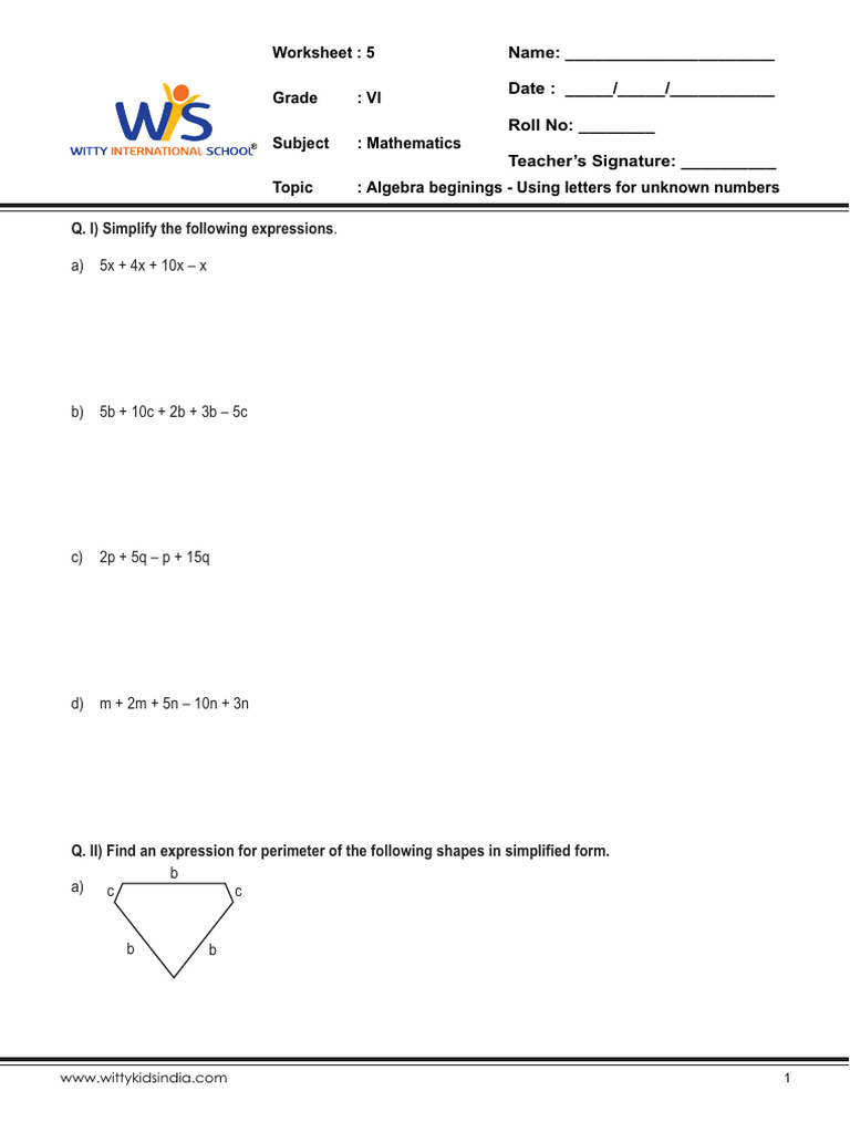 VI Grade Algebra Worksheet | PDF | Mathematics