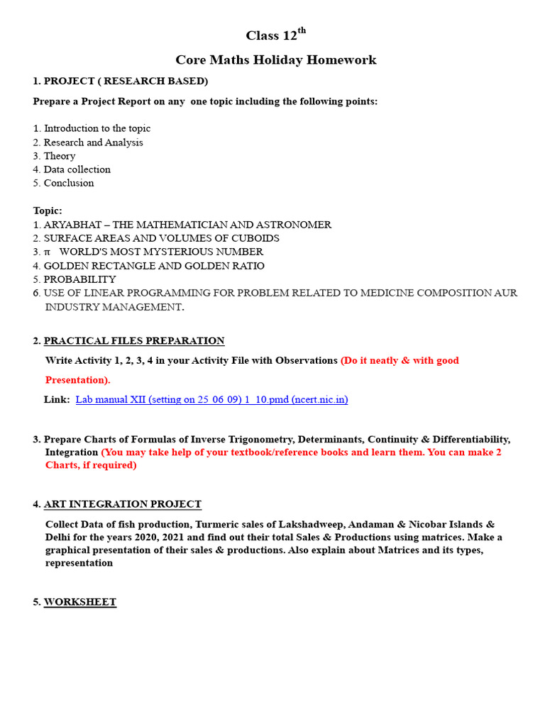 Class 12 Maths Holiday Homework Guide | PDF | Applied Mathematics ...