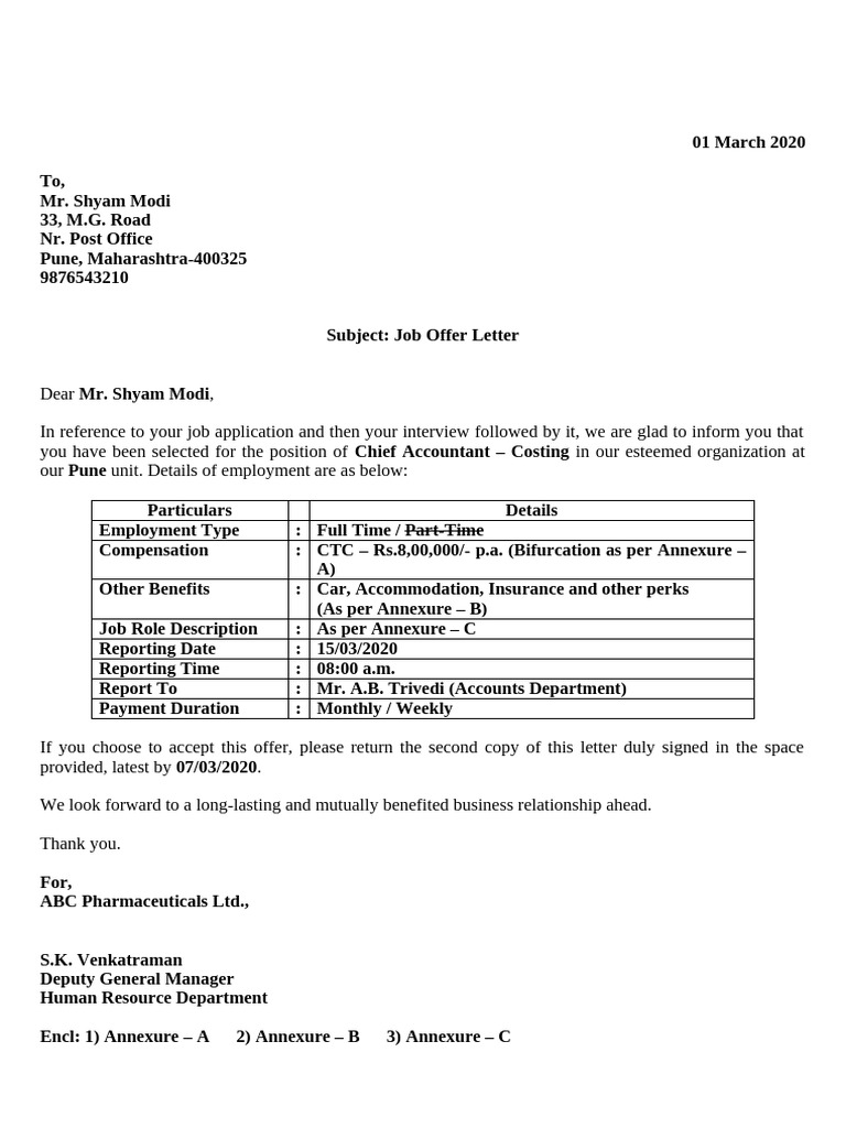 Job Offer Letter | PDF