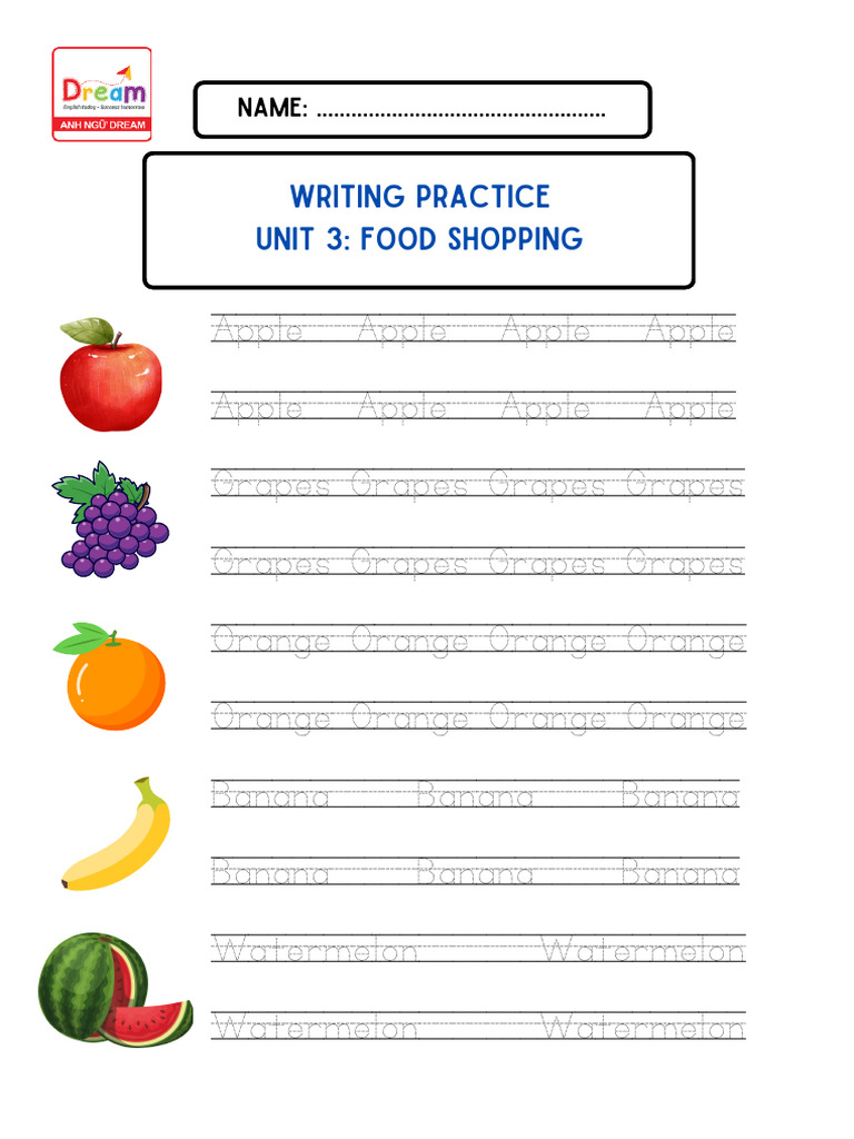 Food Shopping Writing Practice | PDF