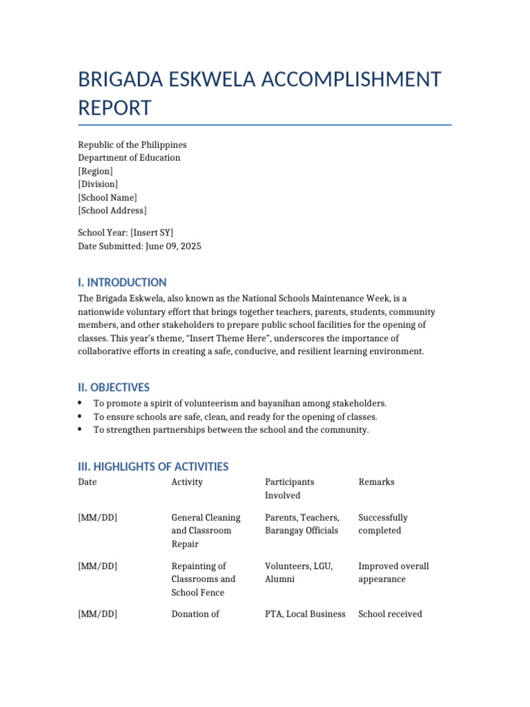Brigada Eskwela 2025 Accomplishment Report | PDF | Volunteering