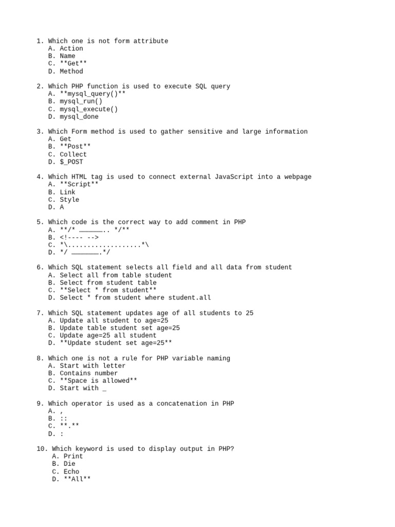 PHP and SQL Quiz Questions | PDF | Php | Databases