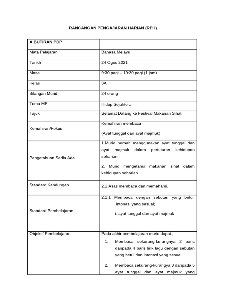 Format RPH Terkini untuk Bahasa Melayu | PDF